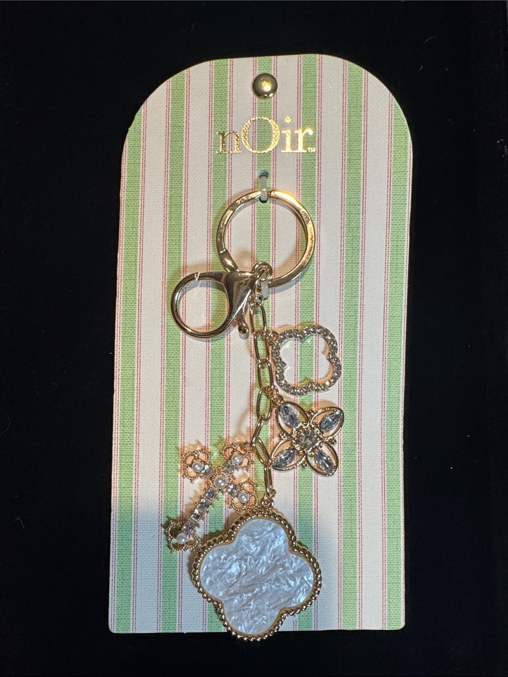 nOir Jewelry Gold-Tone Mother-of-Pearl and Crystal Floral Clover Keychain